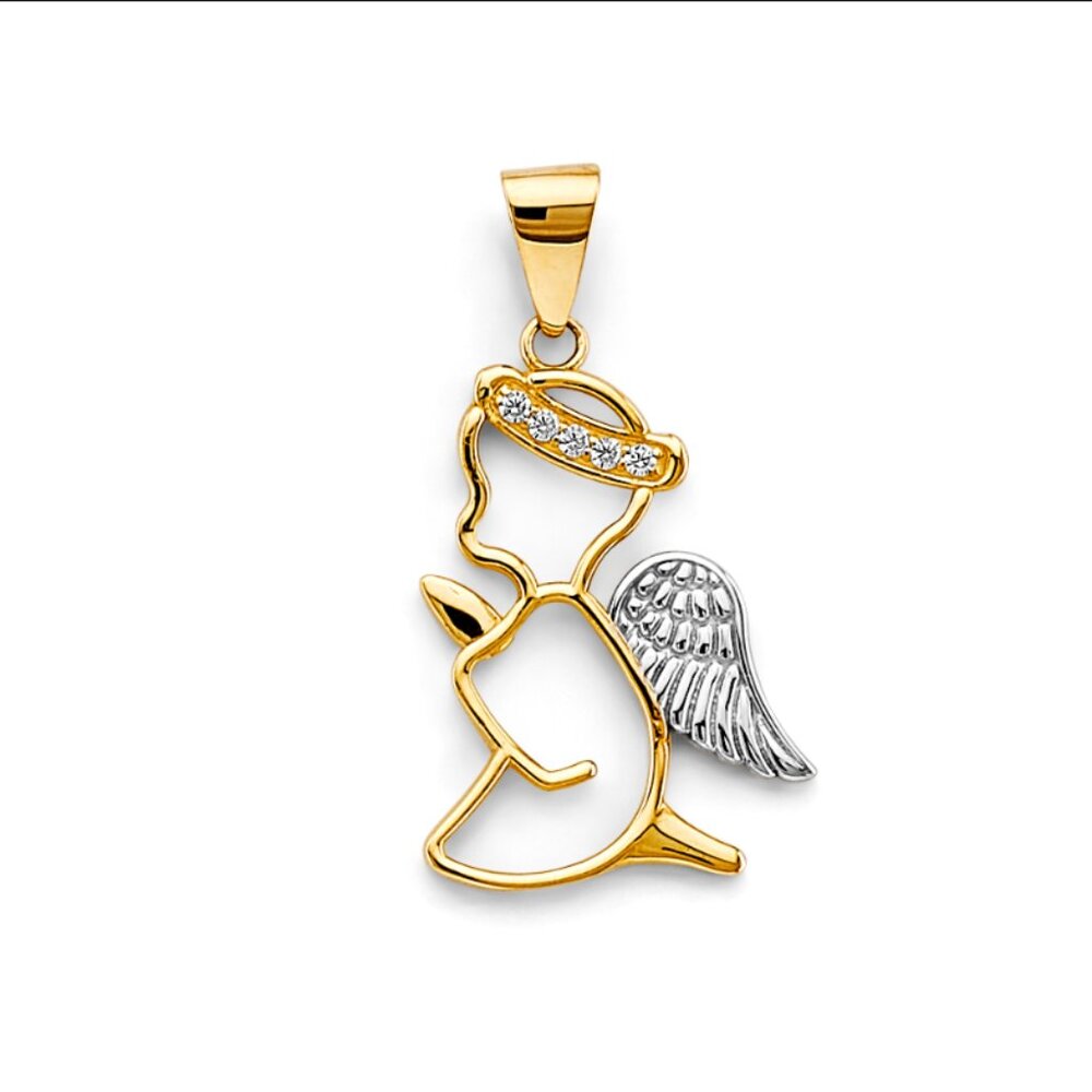 14KT Gold Two Toned CZ Angel on Knees Pendant